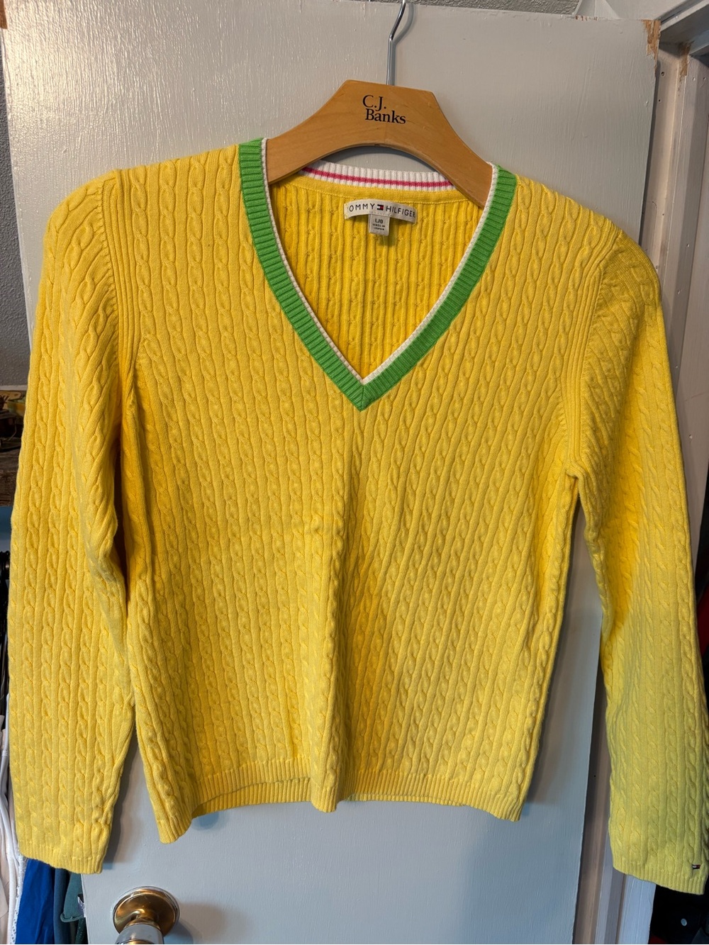 Tommy Hilfiger Yellow Cable-Knit V-Neck Sweater with Green Trim